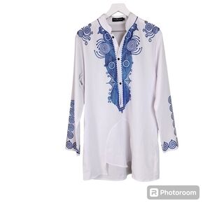 Lucmatton Traditional Unisex African white & blue Dashiki, sz M